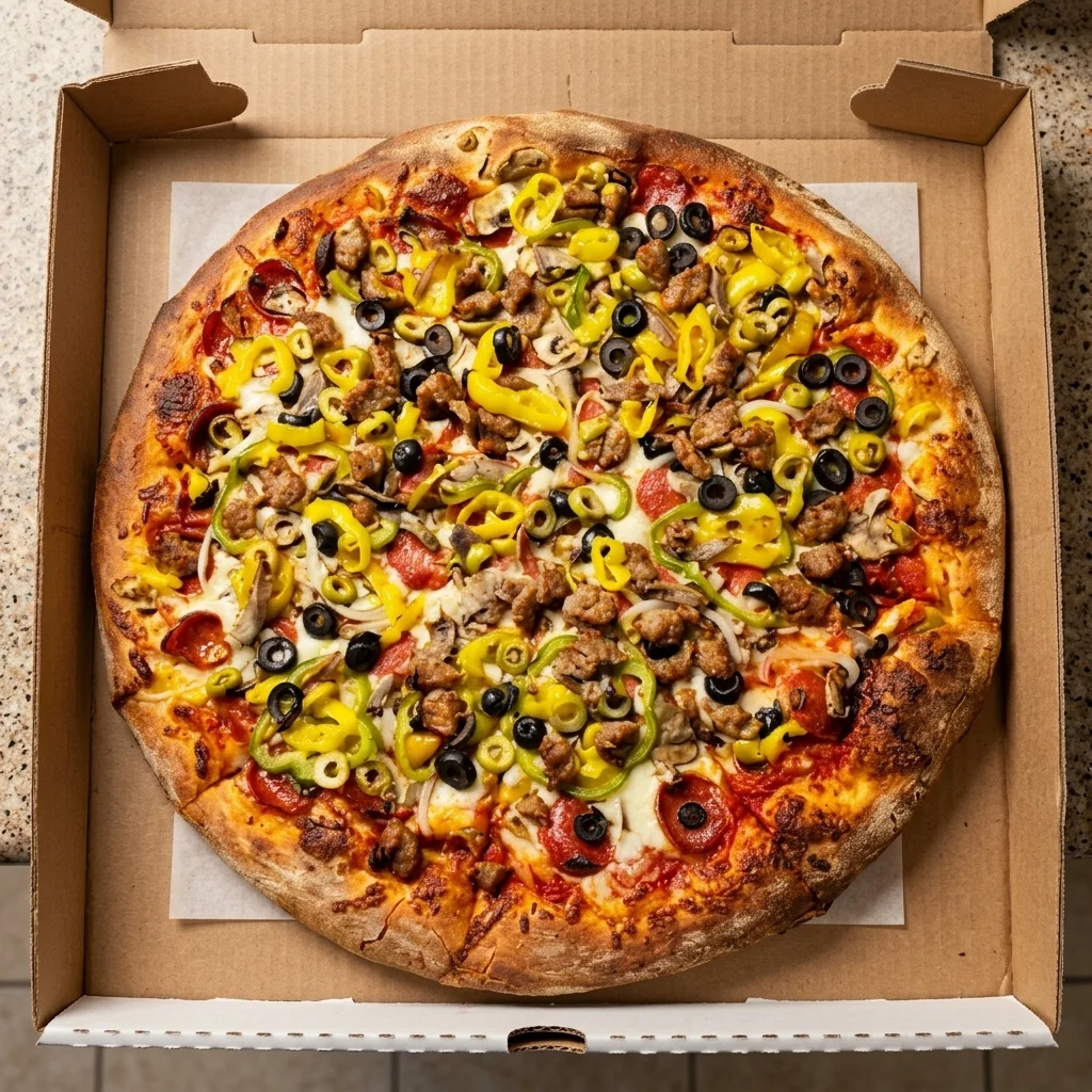 Loaded Deluxe Pizza with generous toppings at Pizza On Fire Calgary